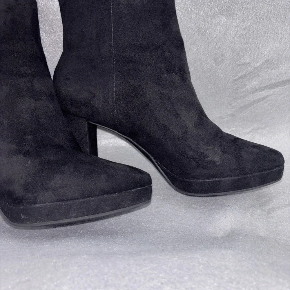 H&M Black Suede Platform High Heel Ankle‎ Boots Womens 6 Gold Tone Side Zip EUC